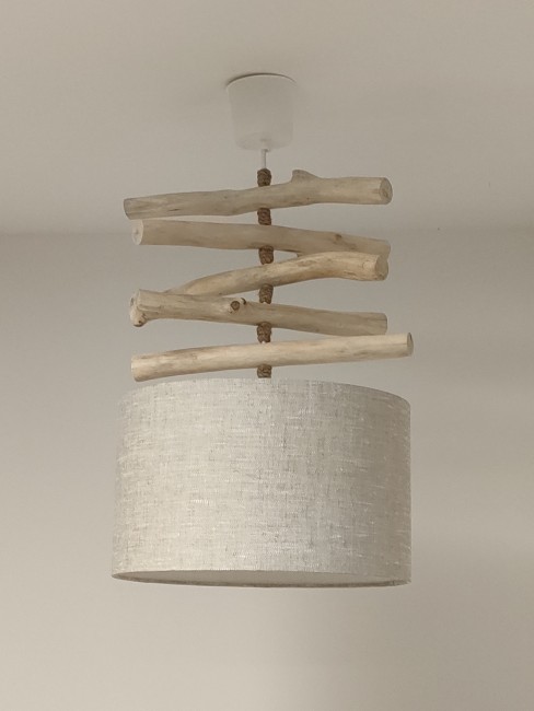 lustre suspension bois flotté abat-jour lin Ø 30