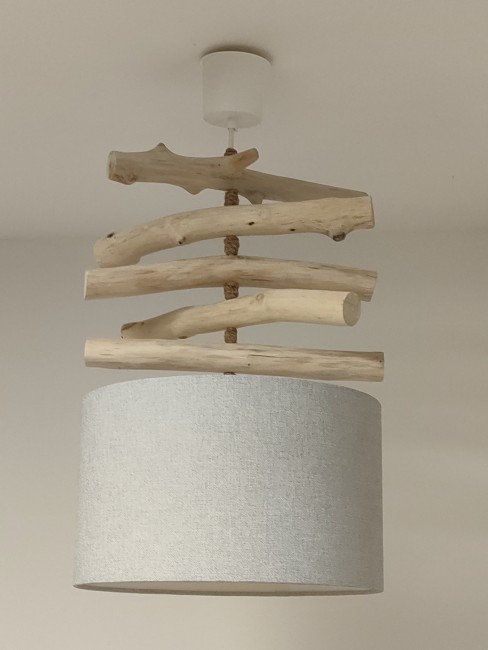 lustre suspension en bois flotté abat-jour uni effet textile Gris...