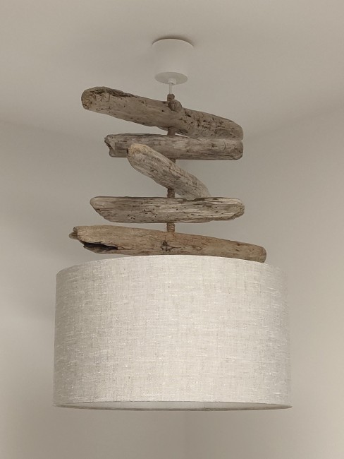 lustre bois flotté lin 40 cm