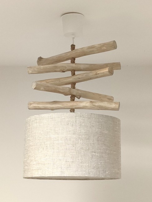 lustre suspension en bois flotté abat-jour lin 30 cm
