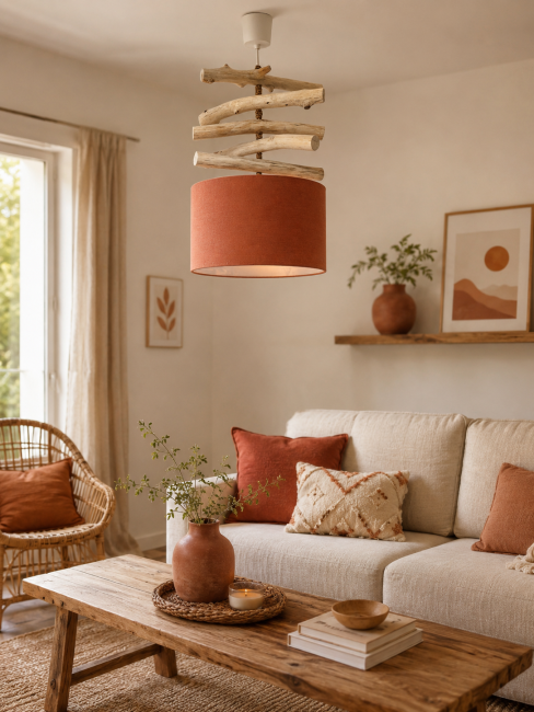 lustre bois flotté terracotta 30 cm