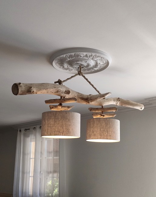 lustre double bois flotté lin 