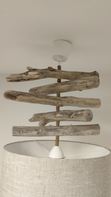 Lustre bois flotté abat-jour lin