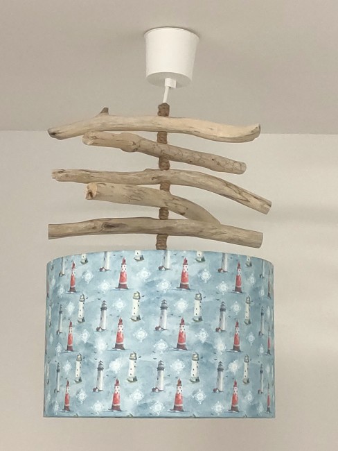 lustre suspension en bois flotté abat-jour motifs Phares 30 cm