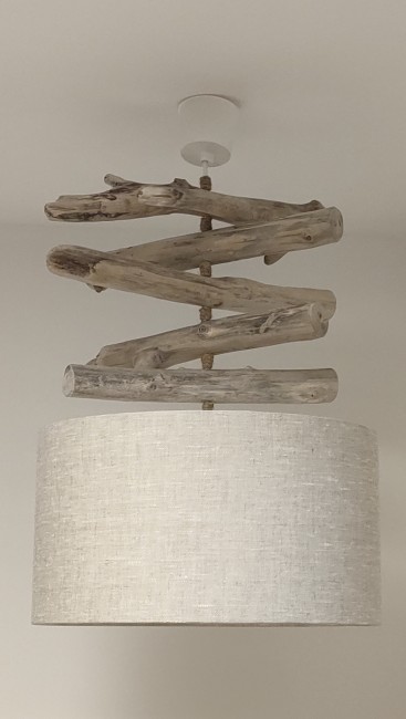 Lustre bois flotté abat-jour lin