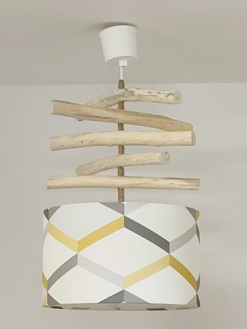  Lustre bois flotté abat-jour géométrique scandinave jaune