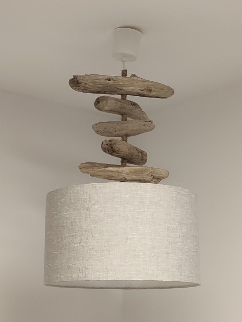 lustre bois flotté lin 35 cm