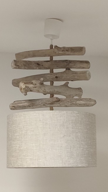 Lustre bois flotté abat-jour lin