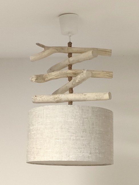 lustre suspension bois flotté abat-jour lin 30 cm