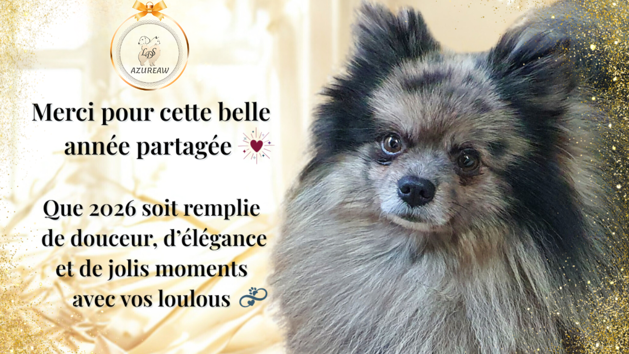 Photo festive de Jess, chien mascotte d’Azureaw, pour souhaiter une belle année 2026