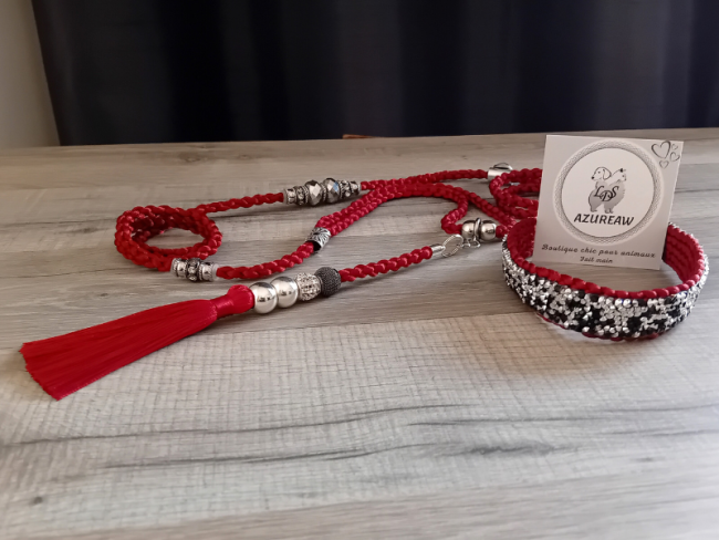 Laisse expositions canines LUXE PAILLETÉE grand chien avec poignée et pompon amovible  