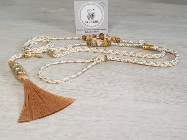 Laisse d’exposition Luxe Ivoire Champagne Azureaw sans sous-gorge,  tressée avec perles champagne dorées et pompon amovible