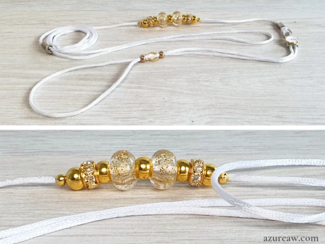 Laisse d’exposition cordon de satin blanc, perles et finitions dorées – Azureaw