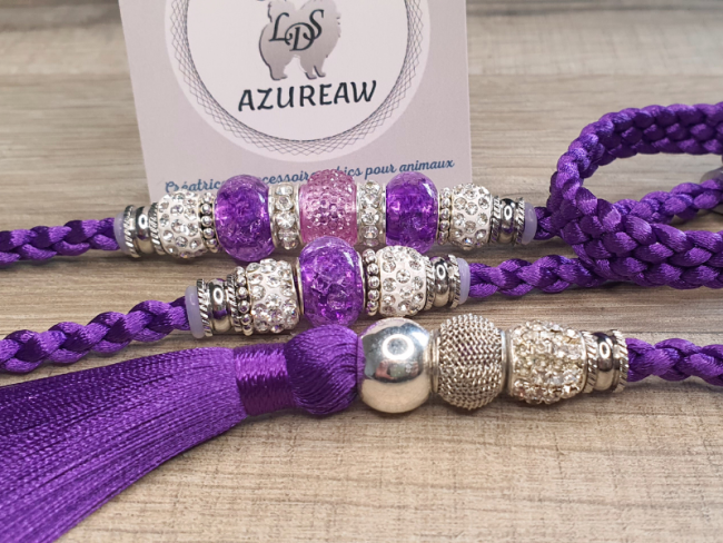 Laisse exposition canine LUXE - VIOLETTE avec poignée ET pompon amovible -  fait main