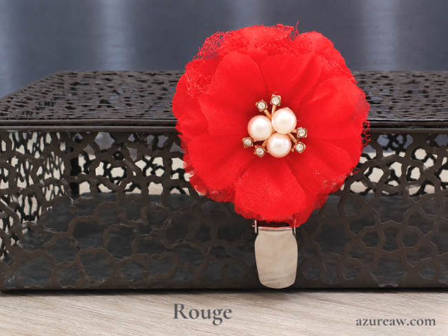 Broche porte-numéro Fleur perles et strass Rouge Azureaw- Fait main