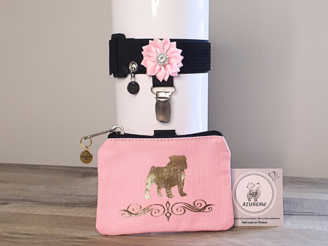Pochette à friandises rose Modèle ÉLÉGANT personnalisée doré fixation pince, Toutes races - Fait main