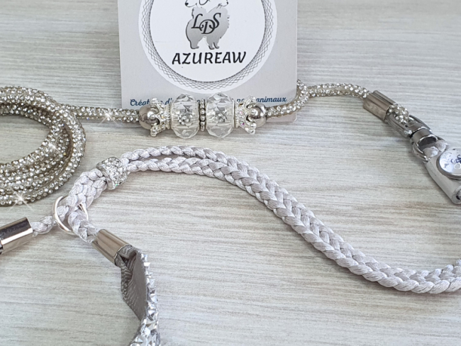 Collier tressé 3 mm sur laisse exposition scintillante argent pour mini chien