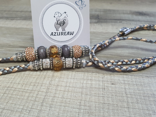 Laisse expo GRIS CHAMPAGNE avec sous gorge pour petit/moyen chien - Fait main