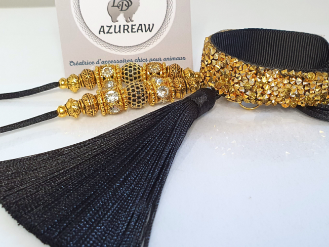 Laisse expositions canines Luxe NOIR DORÉ pour mini chien - Fait main
