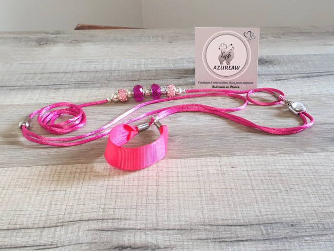 Laisse expositions canines pour mini chien ROSE INTENSE avec sous gorge  - Fait main