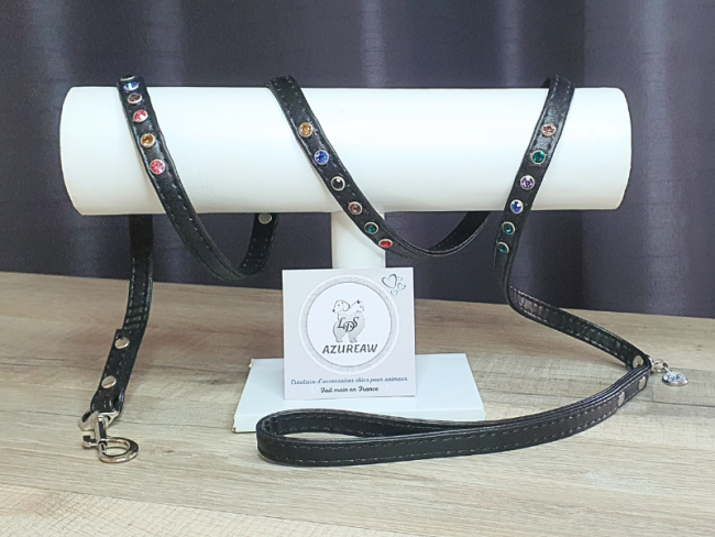Laisse et collier Noir Strass multi couleurs *Mini chien* - Fait main