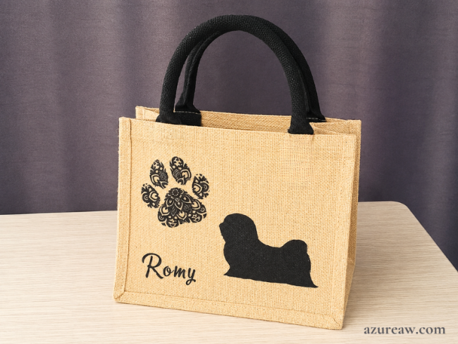 Mini sac en toile de jute Naturel/ Noir personnalisé à l'image de votre chien- Fait main