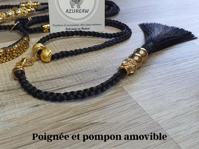 Laisse expositions canines LUXE PAILLETÉE petit/moyen chien avec poignée et pompon amovible  