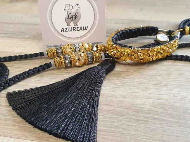 Laisse d’exposition canine Éclat Noir & Or Azureaw, noire avec sous-gorge pailleté, perles et pompon assorti , entièrement tressée main.