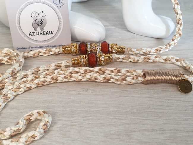 Laisse mousqueton Éclat Praliné – Ivoire & champagne avec perles dorées et chocolat | Azureaw Laisse mousqueton Éclat Praliné ivoire et champagne avec perles dorées et chocolat | Azureaw