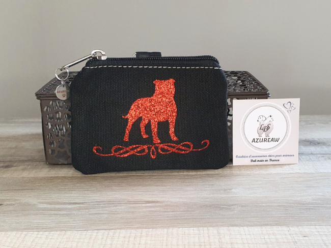 Pochette à friandises noire personnalisée Modèle DENTELLE pailleté rouge, toutes races, fixation pince  - Fait main