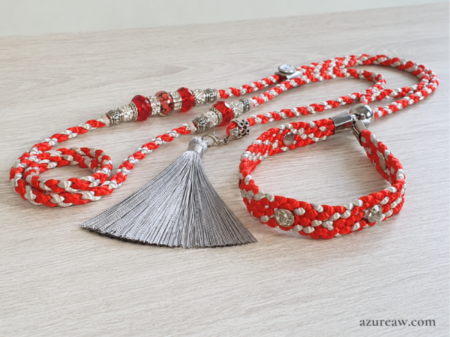 Laisse expositions canines Azureaw LUXE Cristal rouge avec pompon  pour grand chien - Fait main