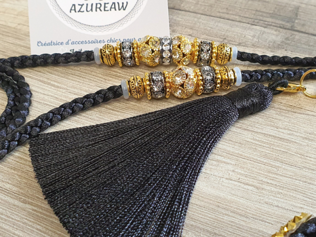 Laisse d’exposition canine Éclat Noir & Or Azureaw, noire avec sous-gorge pailleté, perles et pompon assorti , entièrement tressée main.