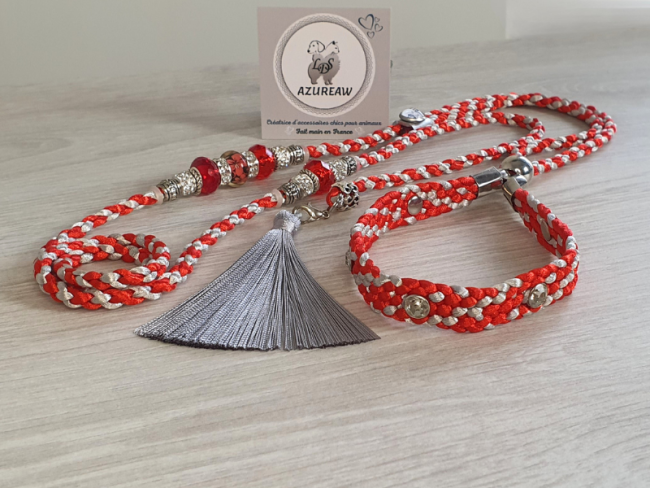 Laisse expositions canines LUXE CRISTAL ROUGE avec pompon  (rouge argenté) pour grand chien - Fait main