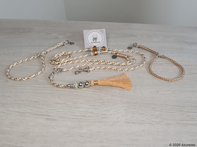 Ensemble Personnalisé laisse mousqueton ivoire & Champagne Azureaw avec perles champagne et Colliers assortis finition argentée