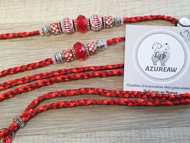 Laisse d’exposition tressée rouge & bordeaux avec perles – Cœur de rubis | Azureaw