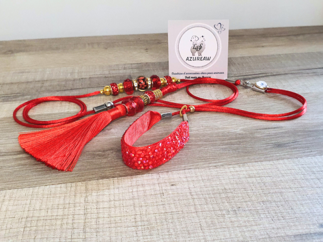 Laisse expositions canines Luxe ROUGE PAILLETÉ avec poignée et pompon pour mini chient - Fait main