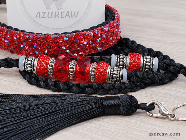 Laisse expositions canines LUXE Pailletée -  NOIR & ROUGE avec pompon pour grand chien -  fait main