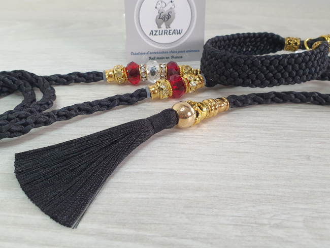 Laisse d’exposition Majesté Rubis noir avec perles, pompon et sous-gorge | Azureaw