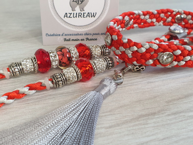 Laisse expositions canines LUXE CRISTAL ROUGE avec pompon  (rouge argenté) pour grand chien - Fait main