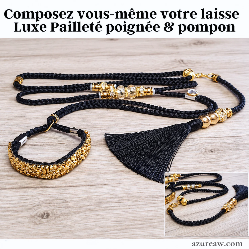 Laisse d’exposition sur mesure entièrement tressée main pour petit et moyen chien LUXE pailletée avec poignée & pompon amovible | Azureaw