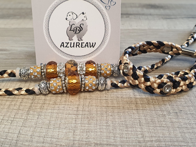 Laisse expositions canines LUXE Strass CHAMPAGNE & NOIR pour petit/moyen chien - Fait main
