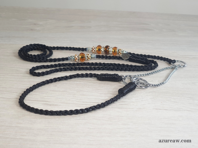 Ensemble expo martingale Nocturne Ambré Azureaw, tressé noir avec perles ambrées et chaînette serpentine pour exposition canine