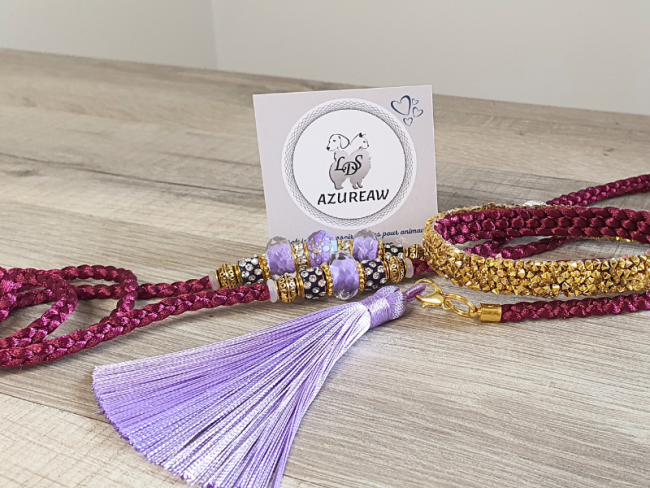 Laisse expositions LUXE Pailletée pour petit/moyen chien - PRUNE PARME DORÉ avec pompon -  fait main