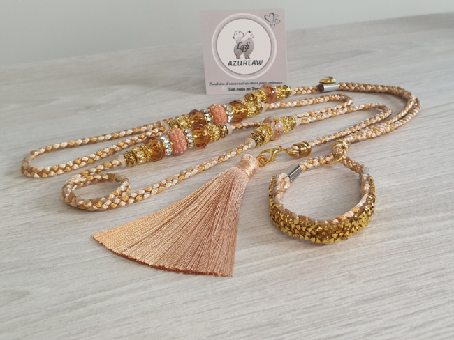 Laisse luxe expositions canines Champagne & Caramel pailleté doré avec pompon pour petit chien - Fait main