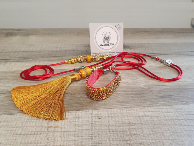 Laisse expositions canines Luxe ROUGE DORÉ PAILLETÉ avec poignée et pompon pour mini chien - Fait main