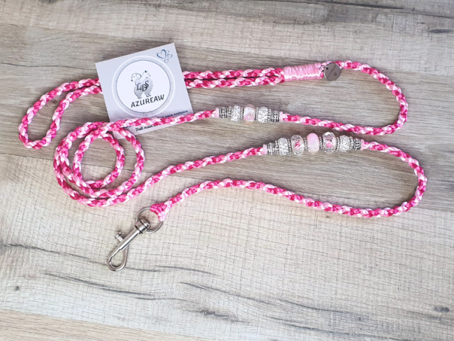 Laisse mousqueton ROSE ÉLÉGANCE, Fuchsia & Rose - Fait main