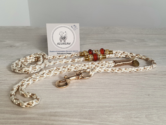 Laisse mousqueton Éclat Praliné – Ivoire & champagne avec perles dorées et chocolat | Azureaw Laisse mousqueton Éclat Praliné ivoire et champagne avec perles dorées et chocolat | Azureaw