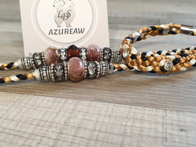 Laisse expositions canines LUXE Strass CARAMEL NOIR IVOIRE pour petit/moyen chien - Fait main
