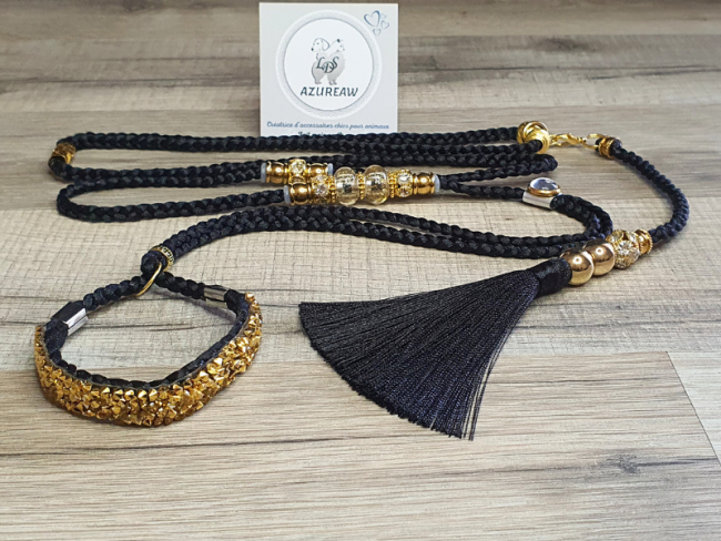 Laisse expositions canines LUXE PAILLETÉE petit/moyen chien avec poignée et pompon amovible  