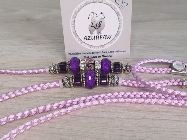 Laisse d’exposition canine Parme élégance Azureaw, parme avec perles, entièrement tressée main.
